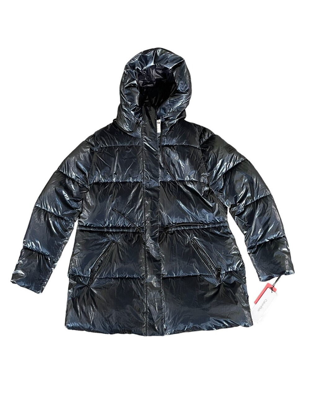 NWT CALVIN KLEIN HIGH SHINE TIE WAIST DOWN PUFFER COAT JACKET DARK BLUE XL $320